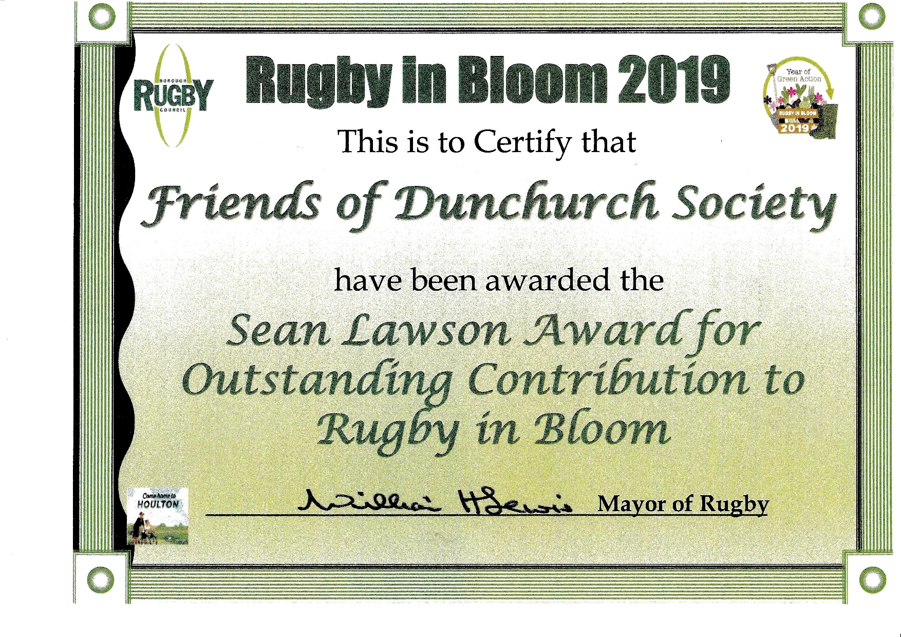 Rugby in Bloom - Sean Lawson Award for - Outstanding contribution to Rugby in Bloom Certificate 